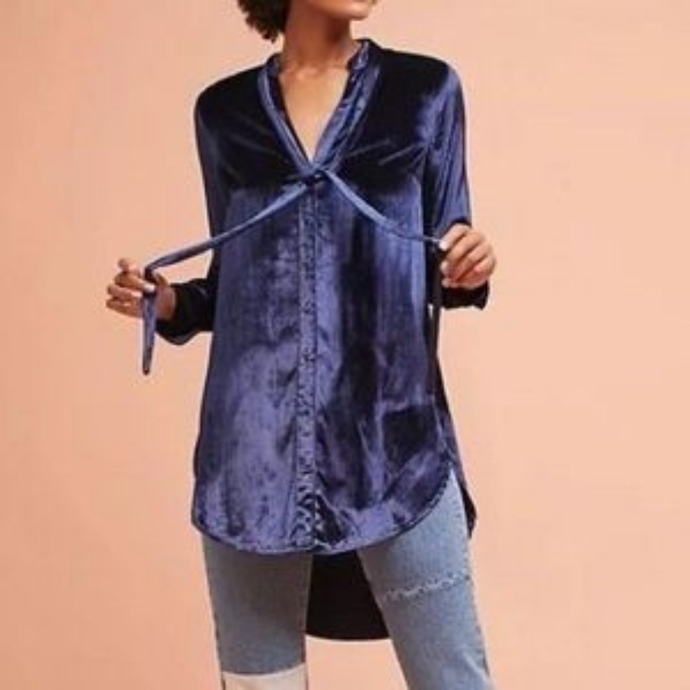 Anthro Maeve Navy Velvet Button Down Tunic